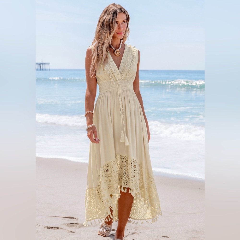 Cupshe Cream Boho V-Neck Tassel Maxi Dress